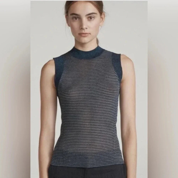 NWT RAG & BONE Raina Denim Blue Lurex Striped Sleeveless Top Small - Picture 1 of 11
